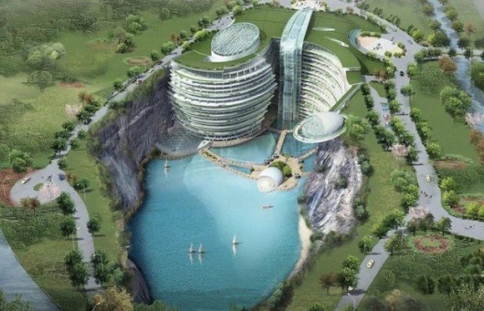Строительство пятизвездочного отеля в китайском карьере подходит к завершению (8 фото + видео)