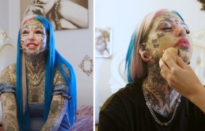 25-летняя девушка с 600 татуировками решила закрасить тату на лице тональным кремом и парень просто не узнал ее