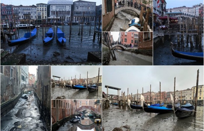 Отлив в Венеции: фотографии пересохших каналов и застрявших лодок