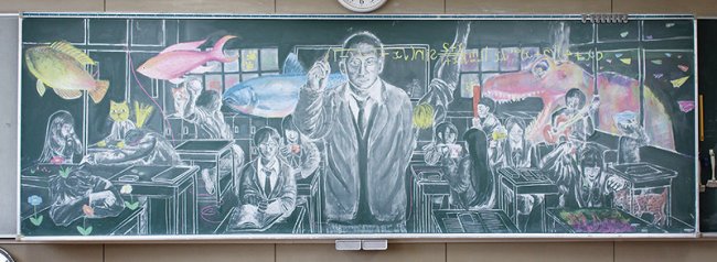 Рисунки мелом по доске от японских школьников (9 фото)
